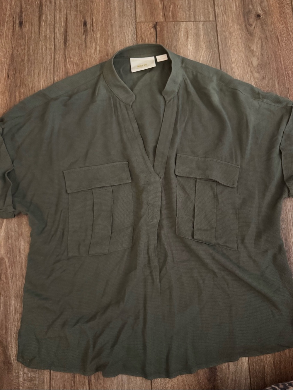 Maeve by Anthropology Amira Olive Green Split-Neck Blouse Size XS